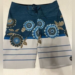 O'Neill Boys/Men Blue and Gray Board Shorts with Intricate Pattern